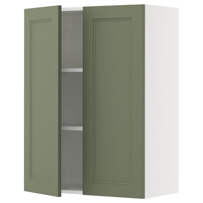 Green SEKTION kitchen cabinet, open with adjustable shelves inside. Wall-mounted.