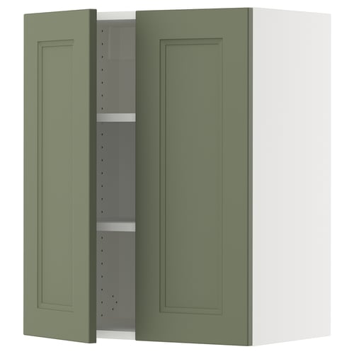 SEKTION kitchen cabinet in grey-green with one door open, showing shelves. Modern, rectangular design with adjustable shelves.