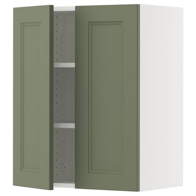SEKTION kitchen cabinet in grey-green with one door open, showing shelves. Modern, rectangular design with adjustable shelves.