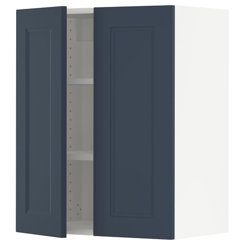 Blue kitchen cabinet with one open door, adjustable shelves, and modern design.