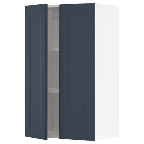 An ikea SEKTION wall cabinet in blue with an adjustable shelf and a door that opens gently.