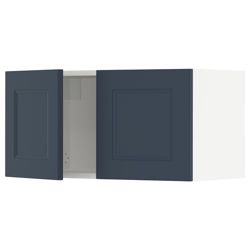 Blue kitchen cabinets, modern design, two door styles, with damper hinges.