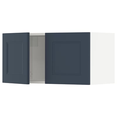 Blue kitchen cabinets, modern design, two door styles, with damper hinges.