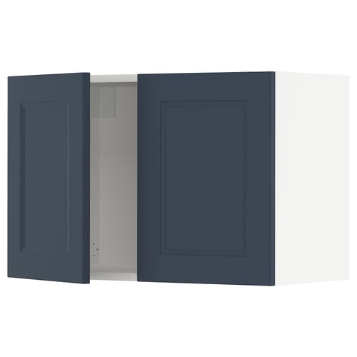 Blue kitchen cabinet with one door open, showing interior, from ikea SEKTION series, featuring modern design with flat panels and sturdy construction.