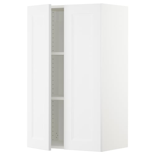 A white SEKTION kitchen wall cabinet, rectangular, with one door open revealing adjustable shelves.