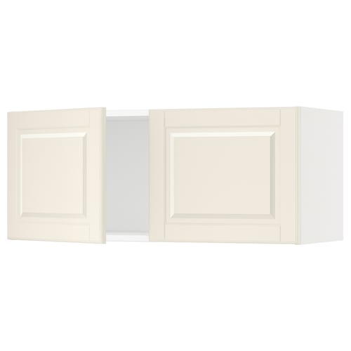 Off-white kitchen cabinet, rectangular, three sections with two doors and an open middle.