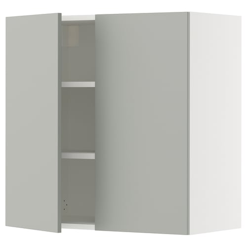 Modern kitchen cabinet, light grey, square shape, with one door open revealing adjustable shelf.