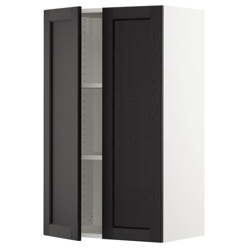 An open SEKTION wall cabinet in black-stained ash with white interior.