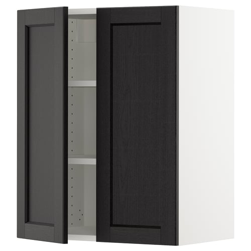 SEKTION kitchen cabinet, black stained, wall-mounted, two doors with one open showing adjustable shelf.