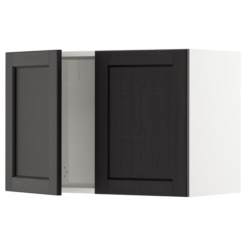 An open black kitchen cabinet with one door from the SEKTION series, featuring a traditional design with bevelled edges.