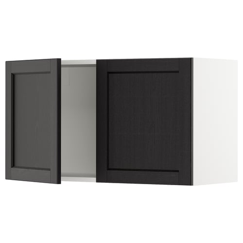 Black wooden cabinet with one open door, showing storage interior.