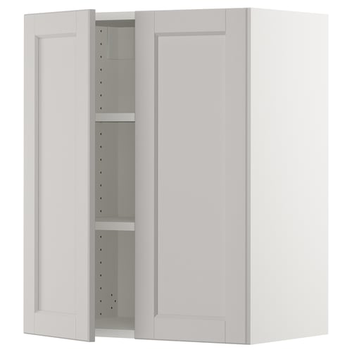 White wall-mounted kitchen cabinet with adjustable shelves and bevelled edges.