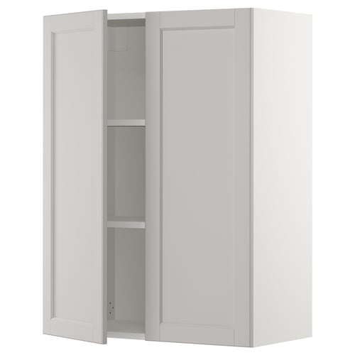 Light grey lerhyttan kitchen cabinet with adjustable shelves and bevelled edges.