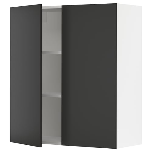 Black and white kitchen cabinet with one door open, revealing adjustable shelves. Modern and sleek design.