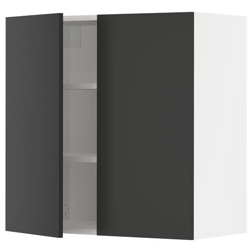 SEKTION black kitchen cabinet with open door revealing shelves.