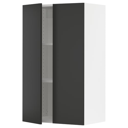 A modern black ikea SEKTION kitchen cabinet with adjustable shelves and a door damper for slow closing.