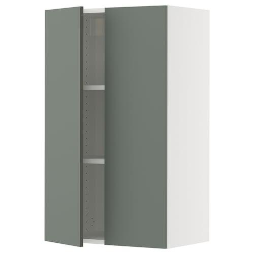 Modern green kitchen cabinet with white trim, adjustable shelves, and soft-close hinges.