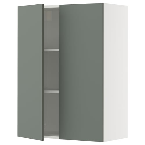 Modern green-grey cabinet, white frame, two doors, adjustable shelves.