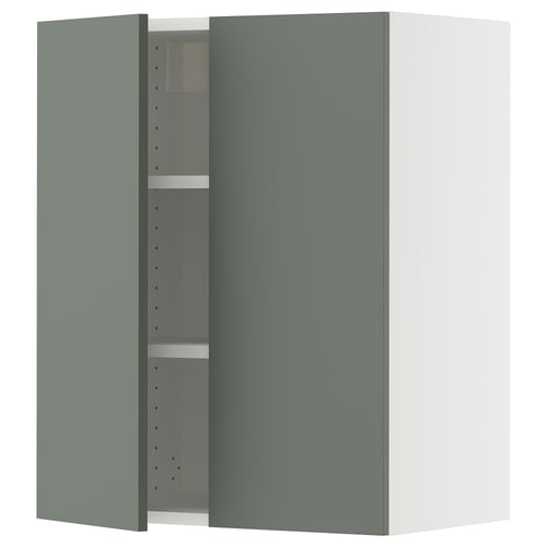 Modern greenish-grey cabinet with adjustable shelves, sleek design.