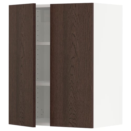 A SEKTION wall cabinet with dark brown sinarp fronts and a white interior. It has an adjustable shelf and snap-on hinges.