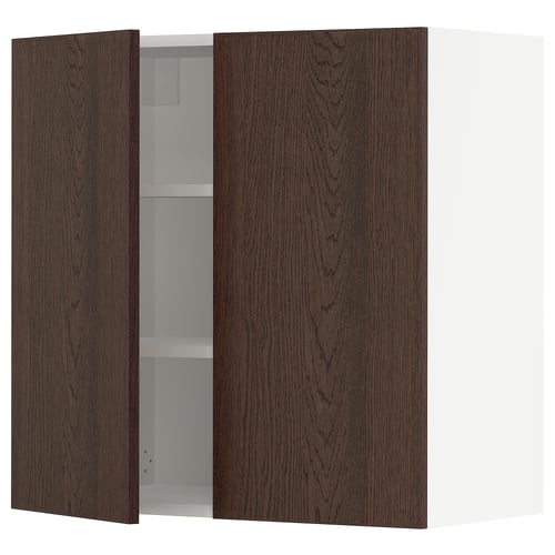 Dark brown wooden cabinet with one open door, showcasing interior shelves. Modern design with sleek lines and a sturdy frame.