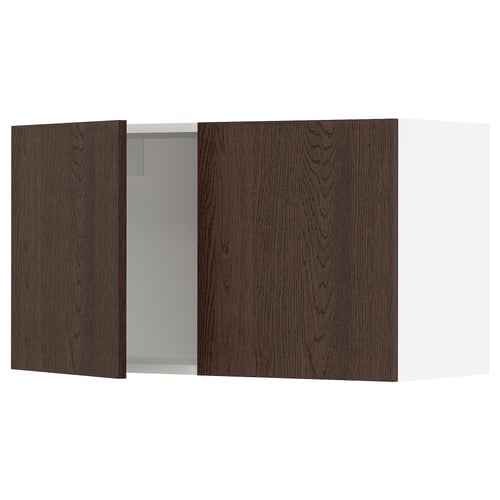 Dark brown wooden kitchen cabinet with one open door, showcasing storage space. Modern design with clean edges.