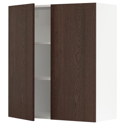 Dark brown wooden cabinet with two doors open, revealing white shelves.