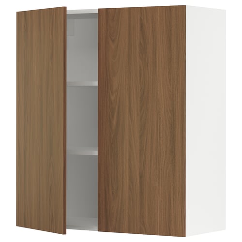 SEKTION kitchen cabinet, walnut-colored, rectangular with adjustable shelves, opens fully.