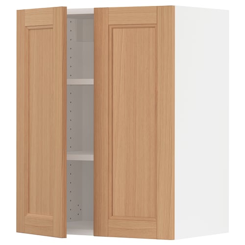 A light brown oak wooden cabinet with two doors, one open revealing an adjustable shelf inside.