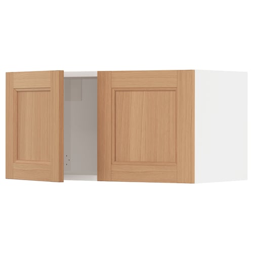 Light wood kitchen cabinet set. Two-door, wall-mounted design with single hinge.