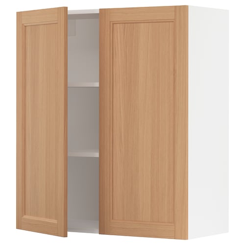 Depicts a SEKTION wall-mounted kitchen cabinet with wooden doors and white finish.