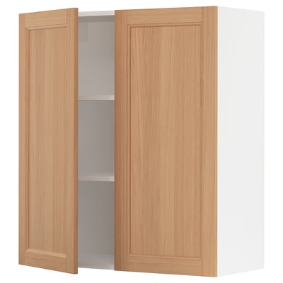 Depicts a SEKTION wall-mounted kitchen cabinet with wooden doors and white finish.