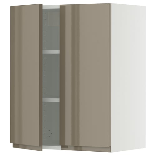 Depicts an open ikea SEKTION kitchen wall cabinet in white with beige doors showing an adjustable shelf inside.