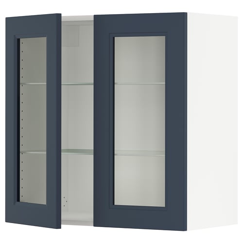 Ikea SEKTION blue glass-door wall cabinet with adjustable shelves.