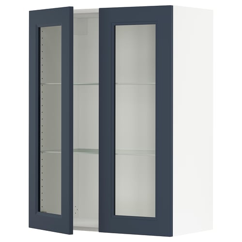 Elegant modern cabinet with blue glass doors. Slim, rectangular shape, sleek handles, sturdy structure. Three glass shelves inside.