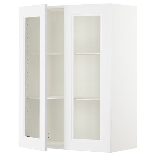 An ikea SEKTION white wall cabinet with glass doors and adjustable shelves.