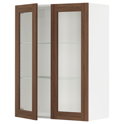 White SEKTION kitchen cabinet with walnut glass doors and adjustable shelves.