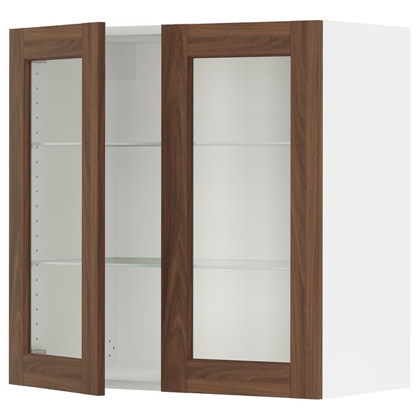 SEKTION Wall cabinet with 2 glass doors, white Enköping/brown walnut effect, 30x15x30 "