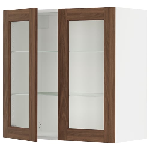 SEKTION kitchen unit, white & walnut, 2 glass doors, 3 shelves.