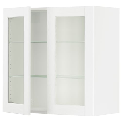 White SEKTION kitchen cabinet with adjustable glass shelves and soft-close hinges.