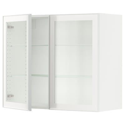 SEKTION kitchen cabinet, white with glass doors, three shelves, sleek metal frames.