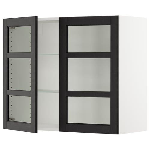 SEKTION kitchen cabinet with black ash doors and bevelled glass.