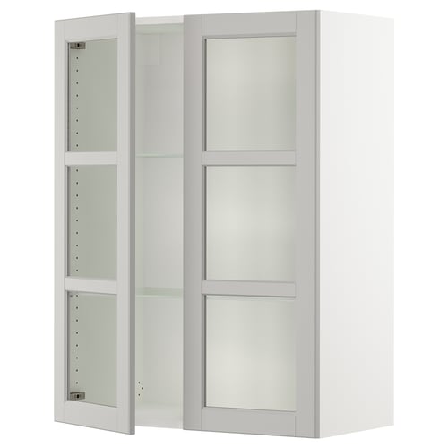SEKTION kitchen: white wall cabinet, 3 glass doors, light grey frames, adjustable shelves.