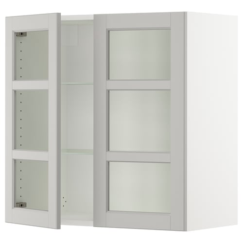 SEKTION kitchen cabinet, light grey, glass doors, bevelled edges, oak effect, square glass shelves.