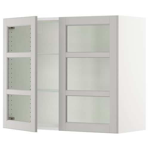 White kitchen cabinet set with frosted glass doors and adjustable shelves.