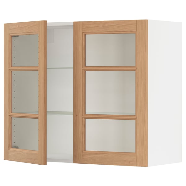 SEKTION Wall cabinet with 2 glass doors, white/Vedhamn oak, 36x15x30 "