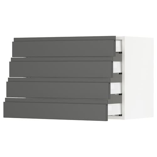 Modern grey ikea SEKTION kitchen drawers, sleek, closed, five stacked dark grey matte drawers.