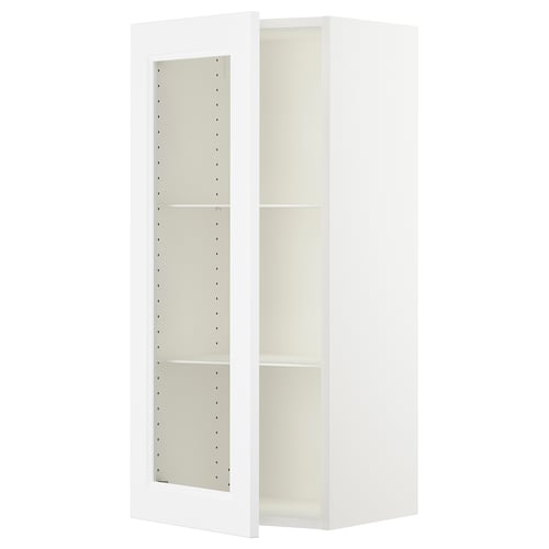 White kitchen cabinet with glass door, adjustable shelves, and door damper. Sleek, modern design for a clean look.