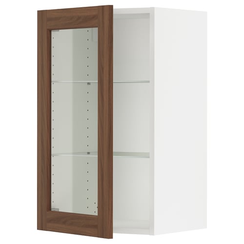 SEKTION kitchen cabinet with walnut doors, open display shelves, wall mount, adjustable shelves, nickel hinges.