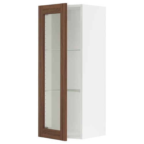 SEKTION kitchen cabinet with walnut doors, featuring glass shelves and a sleek, modern design.
